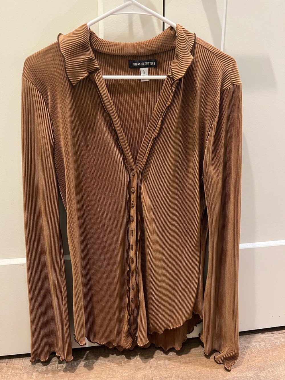 Urban Outfitters Copper-Brown Ribbed Button-Front Long Sleeve Shirt